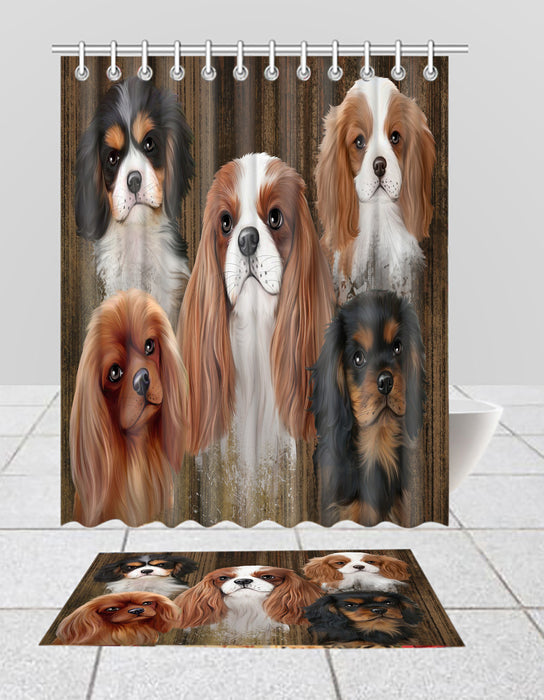 Rustic Cavalier King Charles Spaniel Dogs  Bath Mat and Shower Curtain Combo