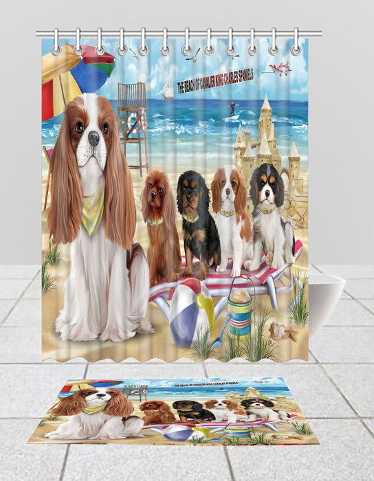 Pet Friendly Beach Cavalier King Charles Spaniel Dogs Bath Mat and Shower Curtain Combo