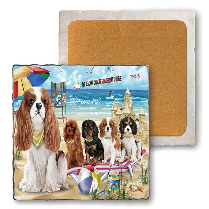 Pet Friendly Beach Cavalier King Charles Spaniel Dogs Set of 4 Natural Stone Marble Tile Coasters MCST52078P