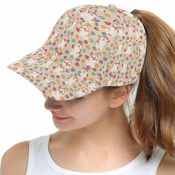 Women's All Over Rainbow Paw Print Akita Dog Snapback Hat Cap