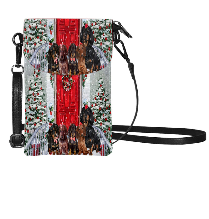 Christmas Holiday Welcome Red Door Dachshund Dog on Small Cell Phone Purse