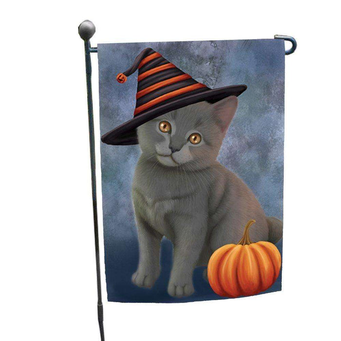 Chartreux Kitten Cat Wearing Witch Hat with Pumpkin Garden Flag
