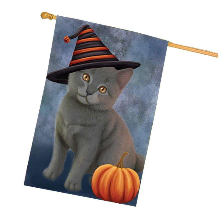 Chartreux Kitten Cat Wearing Witch Hat with Pumpkin House Flag