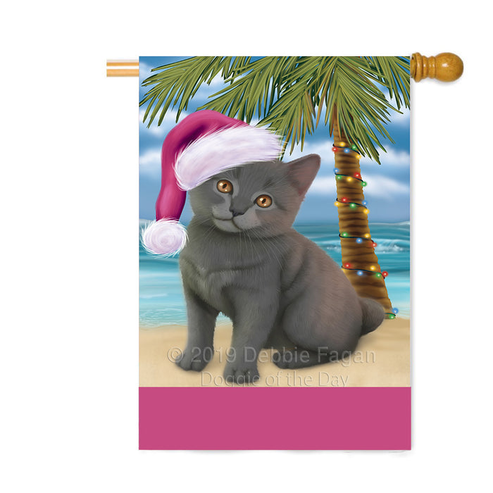 Personalized Summertime Happy Holidays Christmas Chartreux Cat on Tropical Island Beach Custom House Flag FLG-DOTD-A60505