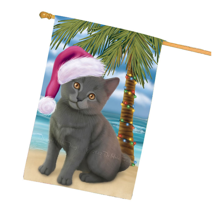 Christmas Summertime Beach Chartreux Cat House Flag Outdoor Decorative Double Sided Pet Portrait Weather Resistant Premium Quality Animal Printed Home Decorative Flags 100% Polyester FLG68713