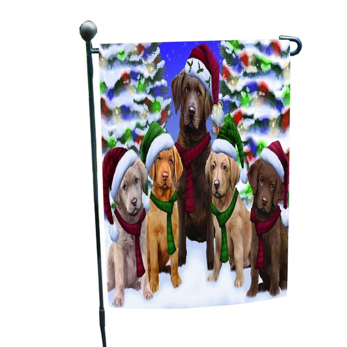 Chesapeake Bay Retriever Dog Christmas Family Portrait in Holiday Scenic Background Garden Flag