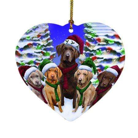 Chesapeake Bay Retriever Dog Christmas Family Portrait in Holiday Scenic Background Heart Ornament D162