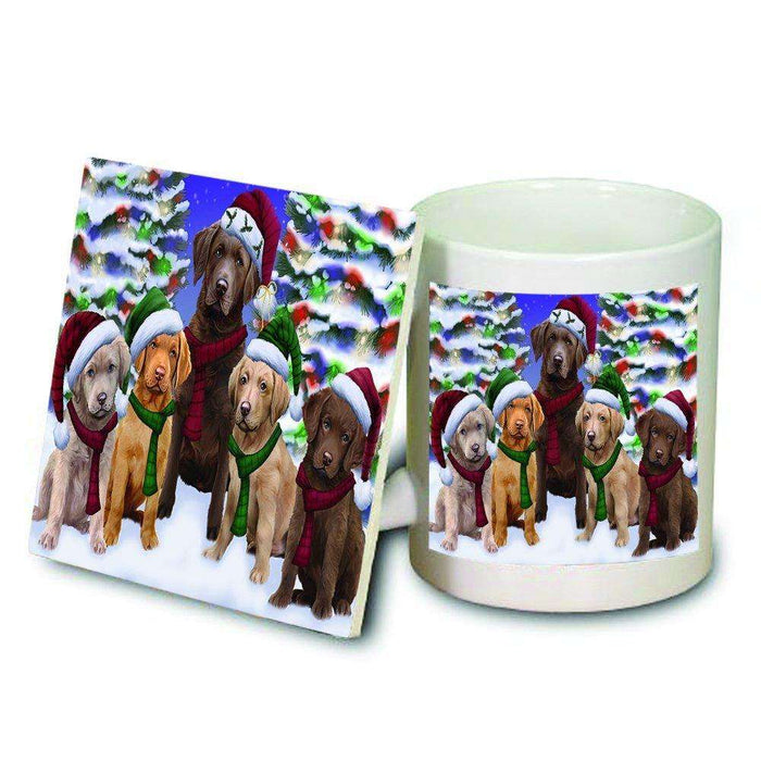 Chesapeake Bay Retriever Dog Christmas Family Portrait in Holiday Scenic Background Mug and Coaster Set