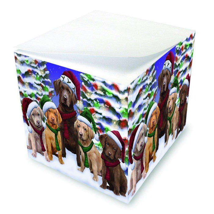 Chesapeake Bay Retriever Dog Christmas Family Portrait in Holiday Scenic Background Note Cube D178