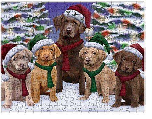 Chesapeake Bay Retriever Dog Christmas Family Portrait in Holiday Scenic Background Puzzle with Photo Tin D141