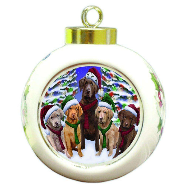 Chesapeake Bay Retriever Dog Christmas Family Portrait in Holiday Scenic Background Round Ball Ornament D162