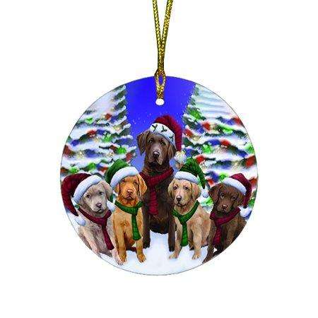 Chesapeake Bay Retriever Dog Christmas Family Portrait in Holiday Scenic Background Round Ornament D162