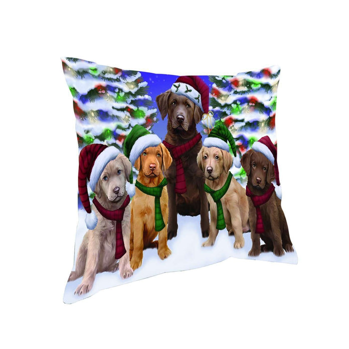 Chesapeake Bay Retriever Dog Christmas Family Portrait in Holiday Scenic Background Throw Pillow