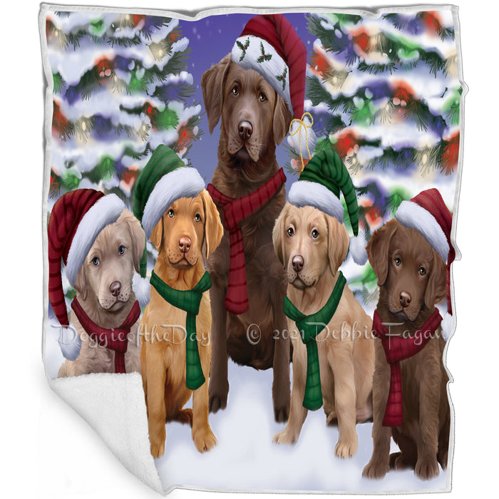 Chesapeake Bay Retriever Dog Christmas Family Portrait in Holiday Scenic Background Art Portrait Print Woven Throw Sherpa Plush Fleece Blanket