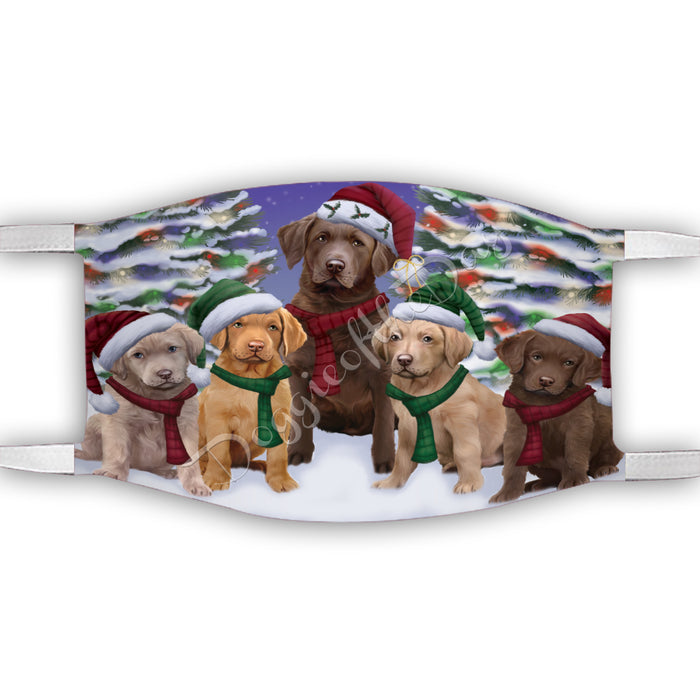 Chesapeake Bay Retriever Dogs Christmas Family Portrait in Holiday Scenic Background Face Mask FM48333