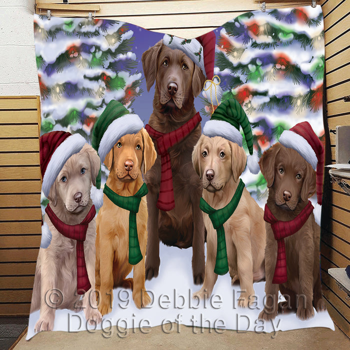 Chesapeake Bay Retriever Dogs Christmas Family Portrait in Holiday Scenic Background Quilt