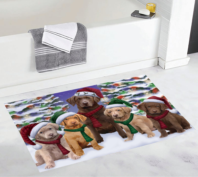 Chesapeake Bay Retriever Dogs Christmas Family Portrait in Holiday Scenic Background Bath Mat