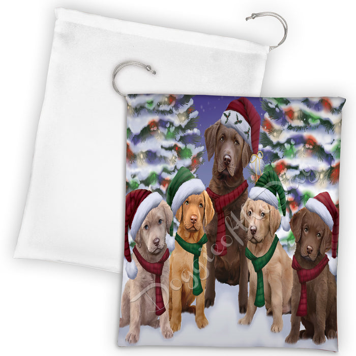 Chesapeake Bay Retriever Dogs Christmas Family Portrait in Holiday Scenic Background Drawstring Laundry or Gift Bag LGB48131