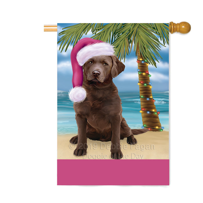 Personalized Summertime Happy Holidays Christmas Chesapeake Bay Retriever Dog on Tropical Island Beach Custom House Flag FLG-DOTD-A60506