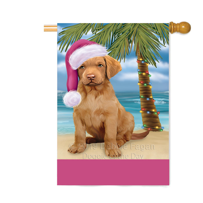 Personalized Summertime Happy Holidays Christmas Chesapeake Bay Retriever Dog on Tropical Island Beach Custom House Flag FLG-DOTD-A60507