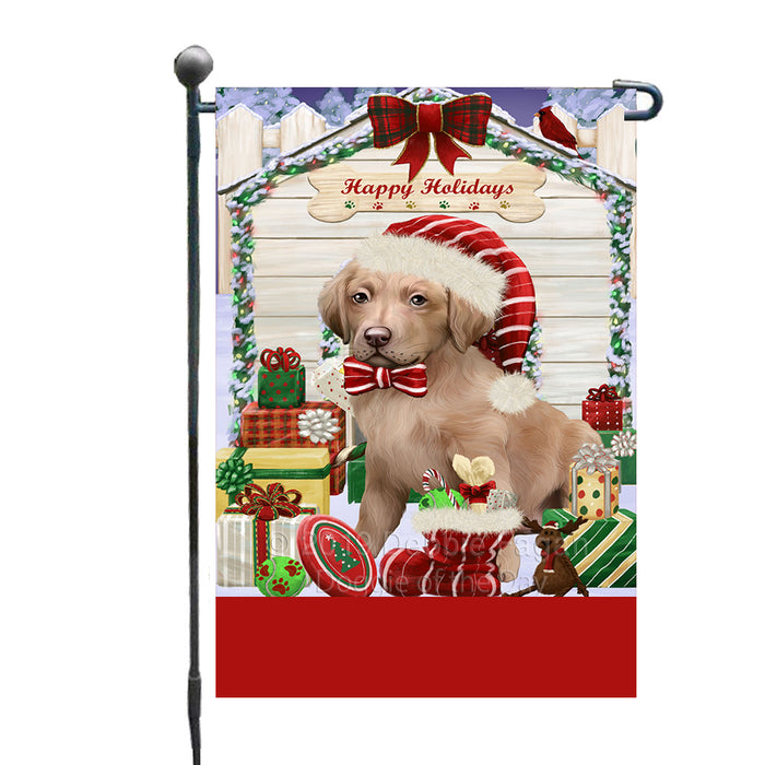 Personalized Happy Holidays Christmas Chesapeake Bay Retriever Dog House with Presents Custom Garden Flags GFLG-DOTD-A59304