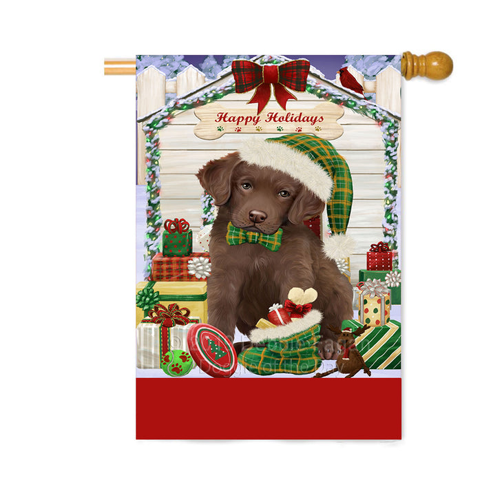 Personalized Happy Holidays Christmas Chesapeake Bay Retriever Dog House with Presents Custom House Flag FLG-DOTD-A59358
