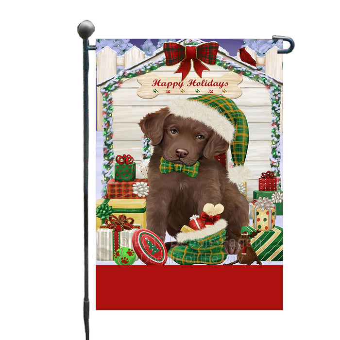 Personalized Happy Holidays Christmas Chesapeake Bay Retriever Dog House with Presents Custom Garden Flags GFLG-DOTD-A59302