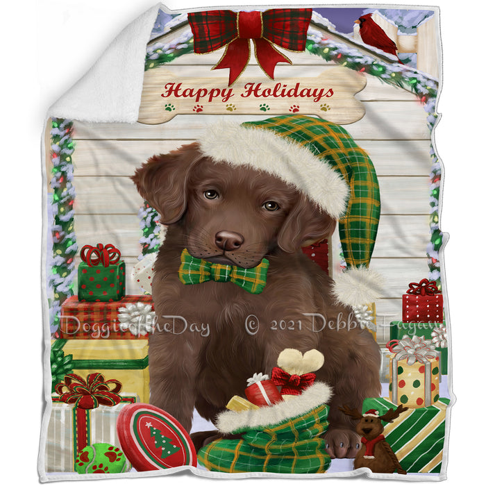 Happy Holidays Christmas Chesapeake Bay Retriever Dog House with Presents Blanket BLNKT78708