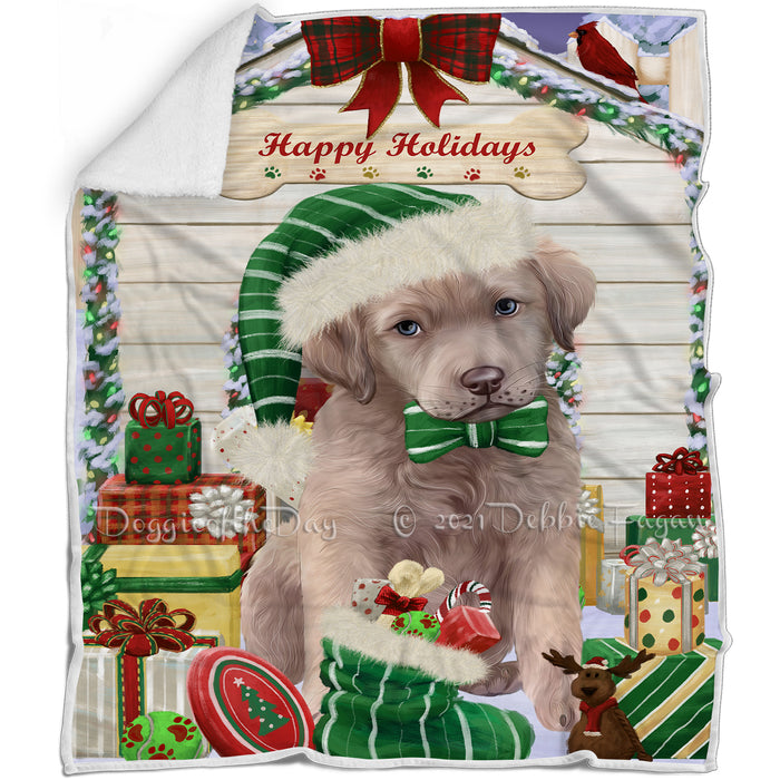 Happy Holidays Christmas Chesapeake Bay Retriever Dog House with Presents Blanket BLNKT78717