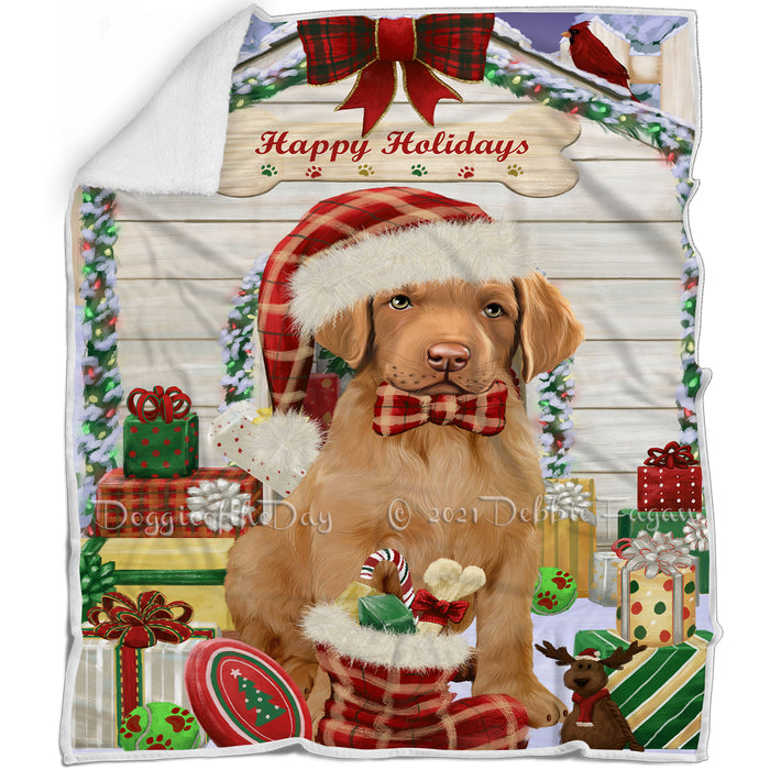 Happy Holidays Christmas Chesapeake Bay Retriever Dog House with Presents Blanket BLNKT78726