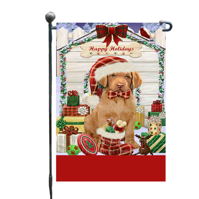 Personalized Happy Holidays Christmas Chesapeake Bay Retriever Dog House with Presents Custom Garden Flags GFLG-DOTD-A59303