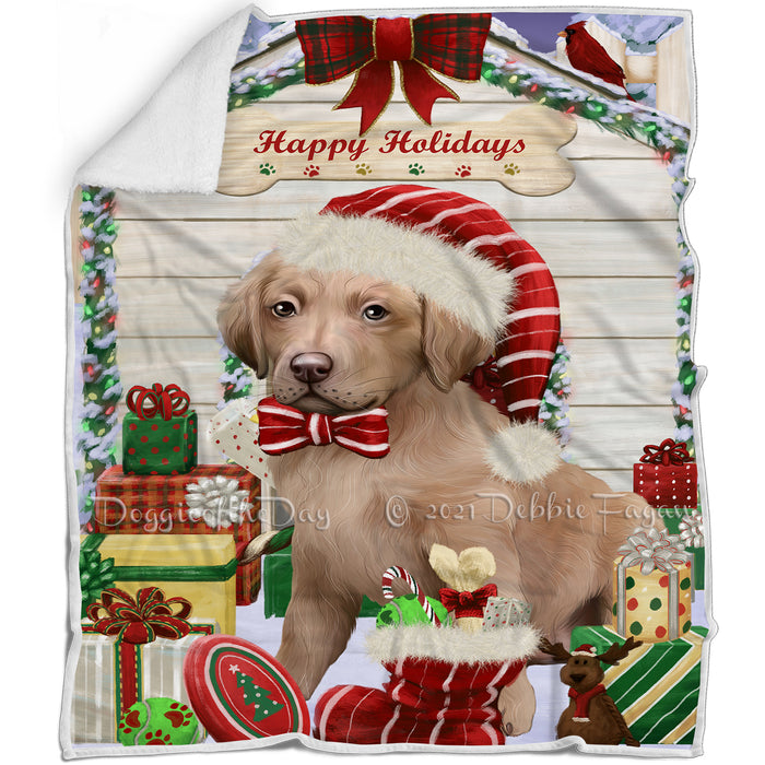 Happy Holidays Christmas Chesapeake Bay Retriever Dog House with Presents Blanket BLNKT78735