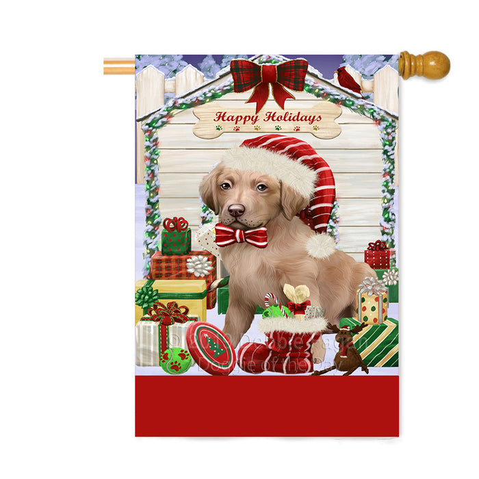 Personalized Happy Holidays Christmas Chesapeake Bay Retriever Dog House with Presents Custom House Flag FLG-DOTD-A59360