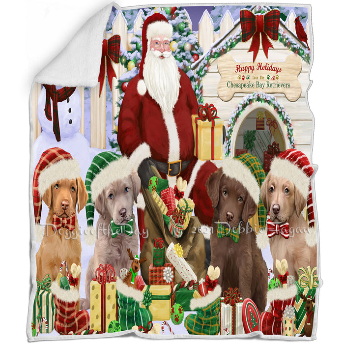 Happy Holidays Christmas Chesapeake Bay Retrievers Dog House Gathering Blanket BLNKT78546