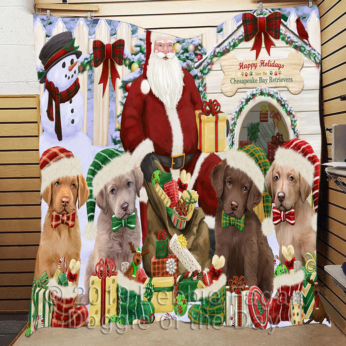Happy Holidays Christmas Chesapeake Bay Retriever Dogs House Gathering Quilt