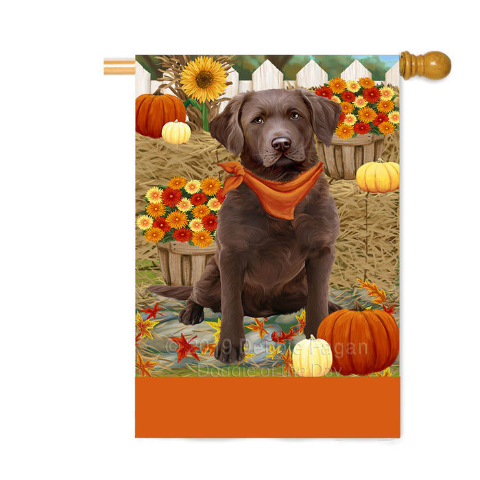 Personalized Fall Autumn Greeting Chesapeake Bay Retriever Dog with Pumpkins Custom House Flag FLG-DOTD-A61924