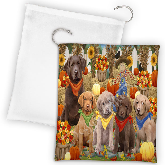 Fall Festive Harvest Time Gathering Chesapeake Bay Retriever Dogs Drawstring Laundry or Gift Bag LGB48392