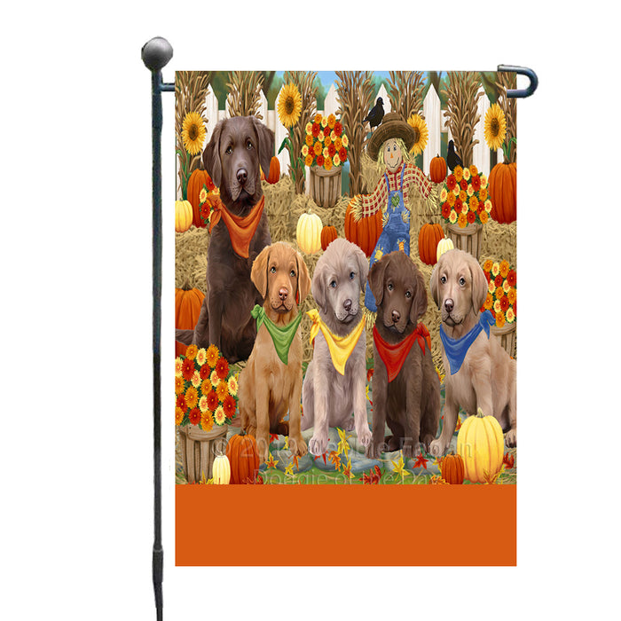 Personalized Fall Festive Gathering Chesapeake Bay Retriever Dogs with Pumpkins Custom Garden Flags GFLG-DOTD-A61869
