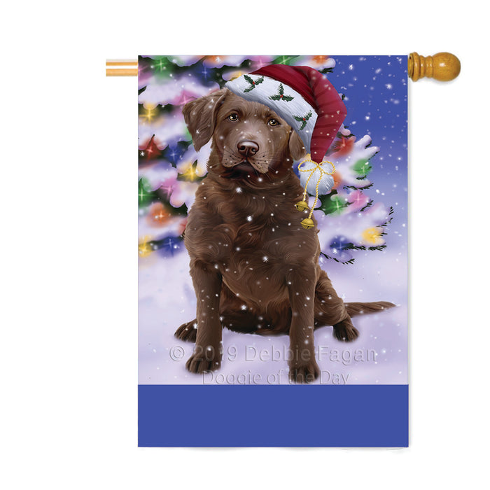 Personalized Winterland Wonderland Chesapeake Bay Retriever Dog In Christmas Holiday Scenic Background Custom House Flag FLG-DOTD-A61336