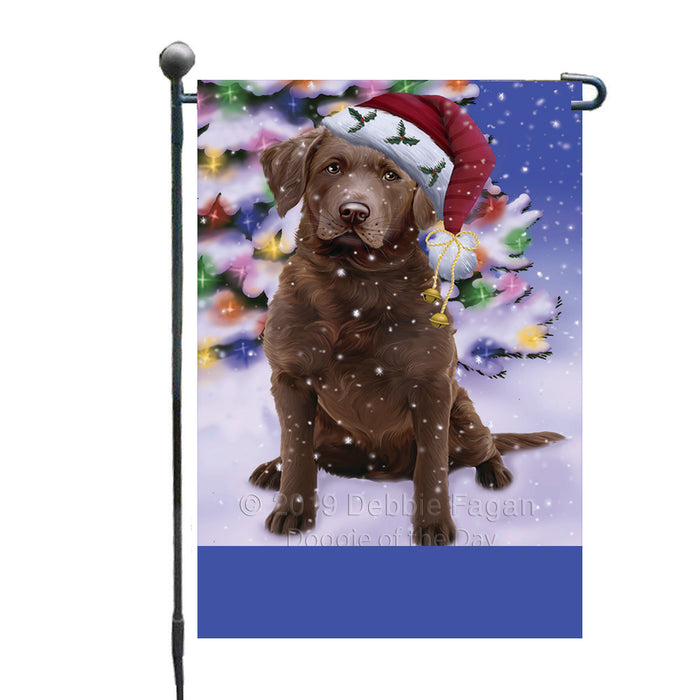 Personalized Winterland Wonderland Chesapeake Bay Retriever Dog In Christmas Holiday Scenic Background Custom Garden Flags GFLG-DOTD-A61280