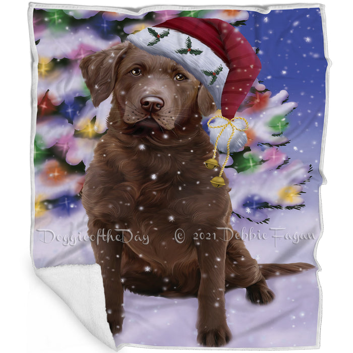 Winterland Wonderland Chesapeake Bay Retriever Dog In Christmas Holiday Scenic Background Blanket