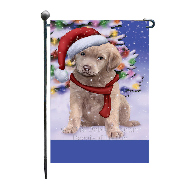 Personalized Winterland Wonderland Chesapeake Bay Retriever Dog In Christmas Holiday Scenic Background Custom Garden Flags GFLG-DOTD-A61281