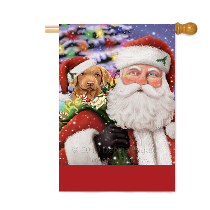 Personalized Santa Carrying Chesapeake Bay Retriever Dog and Christmas Presents Custom House Flag FLG-DOTD-A63443