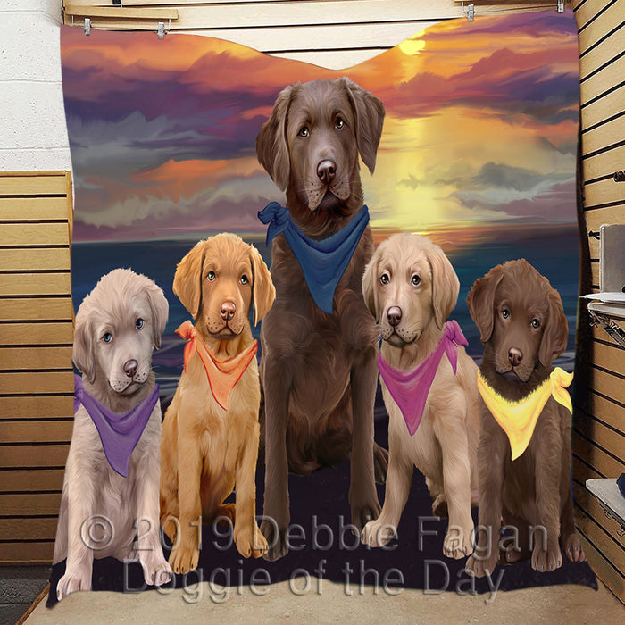 Family Sunset Portrait Chesapeake Bay Retriever Dogs Quilt
