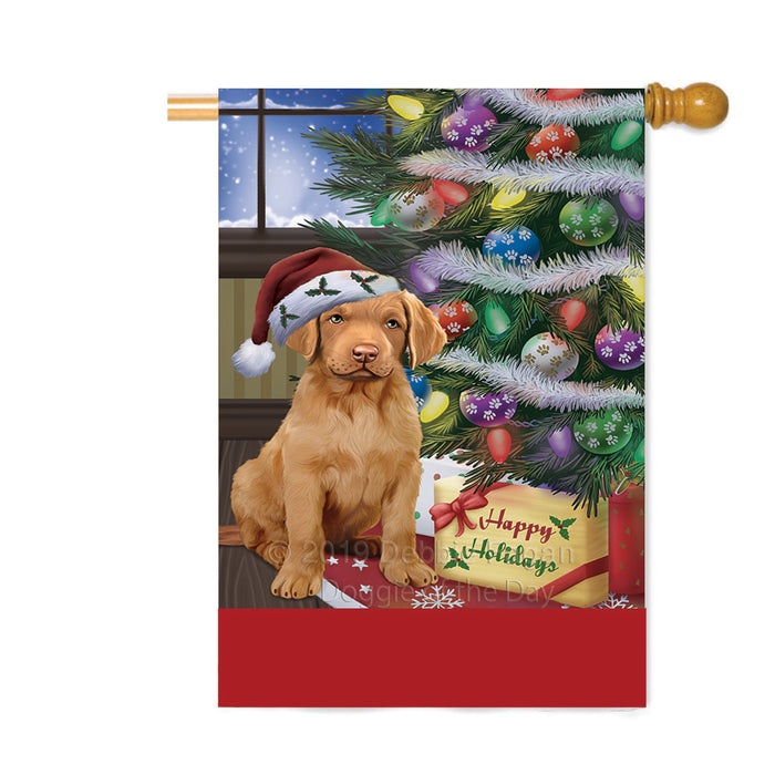 Personalized Christmas Happy Holidays Chesapeake Bay Retriever Dog with Tree and Presents Custom House Flag FLG-DOTD-A58669