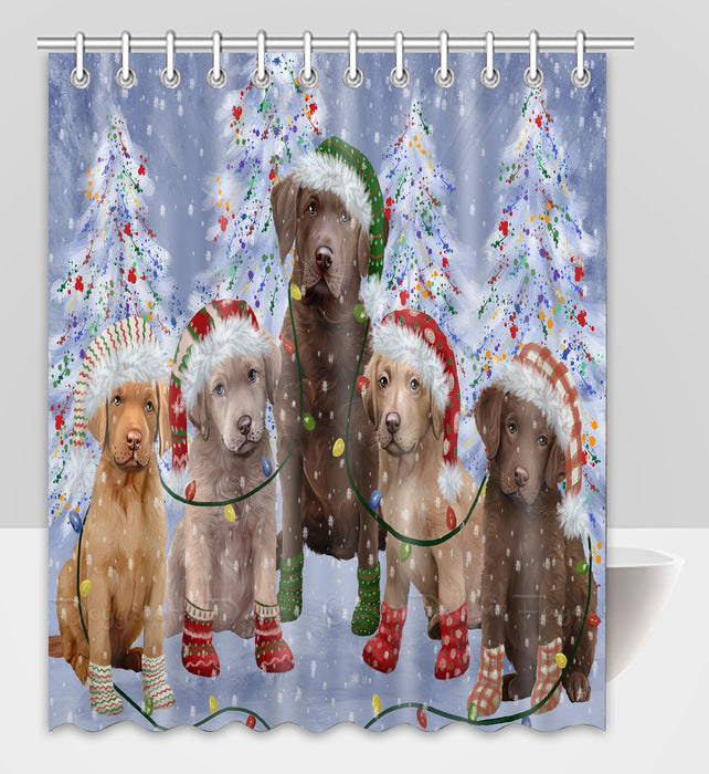 Christmas Lights and Chesapeake Bay Retriever Dogs Shower Curtain Pet Painting Bathtub Curtain Waterproof Polyester One-Side Printing Decor Bath Tub Curtain for Bathroom with Hooks