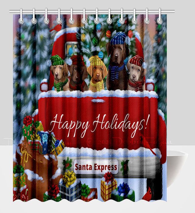 Christmas Red Truck Travlin Home for the Holidays Chesapeake Bay Retriever Dogs Shower Curtain Pet Painting Bathtub Curtain Waterproof Polyester One-Side Printing Decor Bath Tub Curtain for Bathroom with Hooks