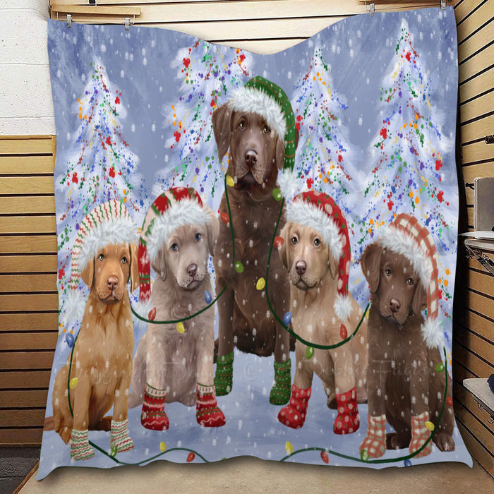 Christmas Lights and Chesapeake Bay Retriever Dogs  Quilt Bed Coverlet Bedspread - Pets Comforter Unique One-side Animal Printing - Soft Lightweight Durable Washable Polyester Quilt