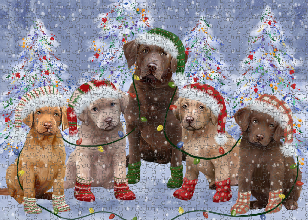 Christmas Lights and Chesapeake Bay Retriever Dogs Portrait Jigsaw Puzzle for Adults Animal Interlocking Puzzle Game Unique Gift for Dog Lover's with Metal Tin Box
