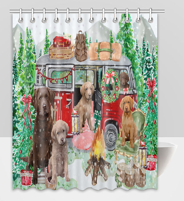Christmas Time Camping with Chesapeake Bay Retriever Dogs Shower Curtain Pet Painting Bathtub Curtain Waterproof Polyester One-Side Printing Decor Bath Tub Curtain for Bathroom with Hooks